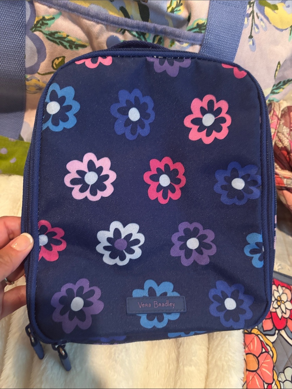 Vera Bradley Navy Floral Insulated Lunch Tote with Pink, Purple and Blue Flowers